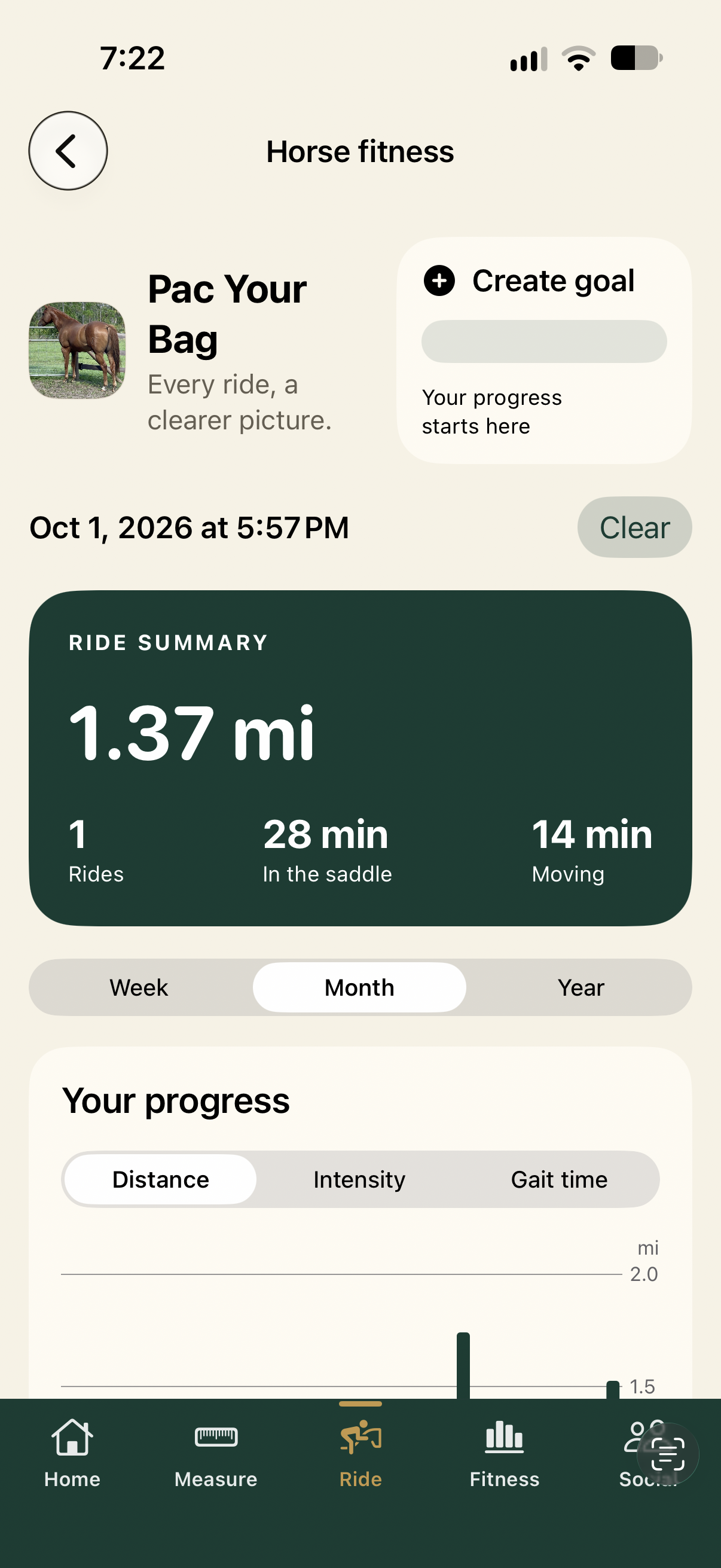 TrueHands horse fitness screen with a ride summary, goal meter and progress chart